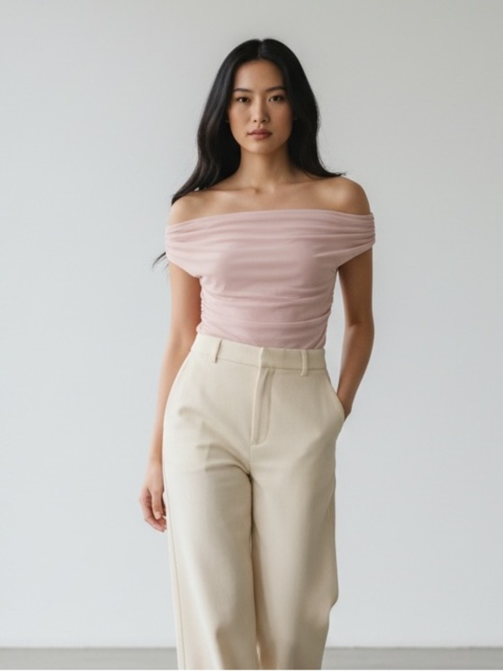 1312 • Blush Pink Cool Mesh Lined Ruched Off Shoulder Top